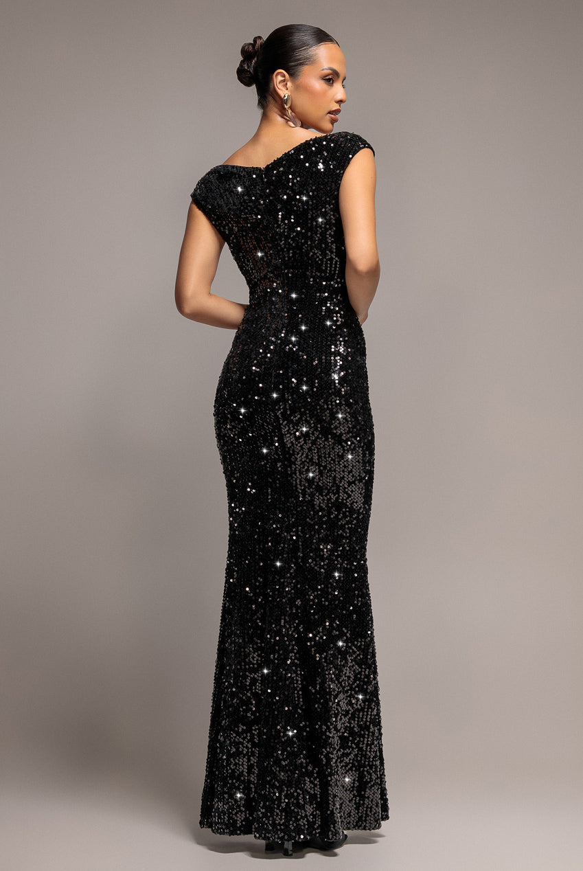 Sequin & Velvet Off The Shoulder Wrap Maxi Dress - Black DR5256