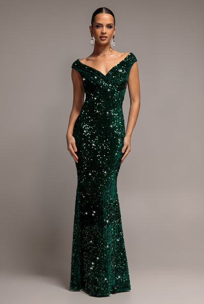 Sequin & Velvet Off The Shoulder Wrap Maxi Dress - Emerald Green by Goddiva