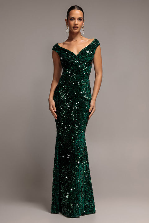 Sequin & Velvet Off The Shoulder Wrap Maxi Dress - Emerald Green by Goddiva