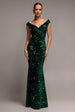 Sequin & Velvet Off The Shoulder Wrap Maxi Dress - Emerald Green by Goddiva