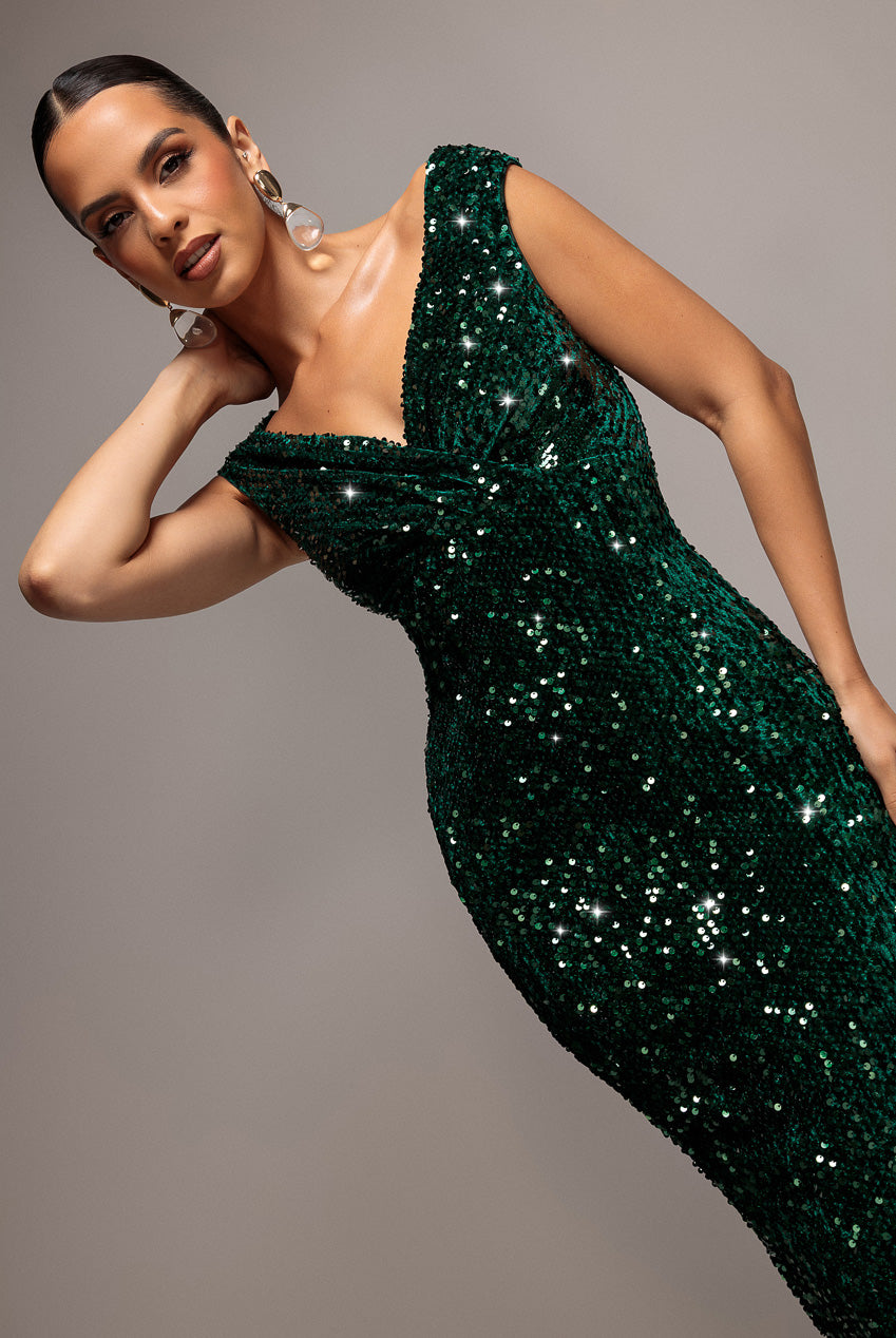 Sequin & Velvet Off The Shoulder Wrap Maxi Dress - Emerald Green DR5256