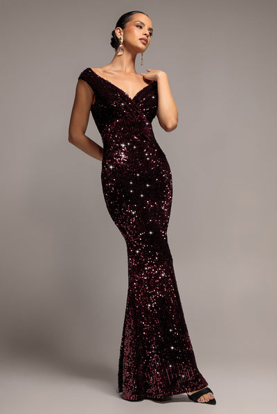 Plum - Sequin & Velvet Off The Shoulder Wrap Maxi Dress - Plum by Goddiva