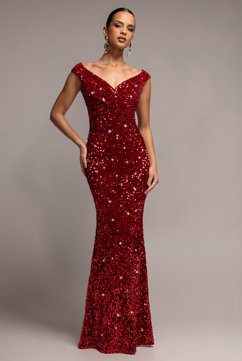 Sequin & Velvet Off The Shoulder Wrap Maxi Dress - Red DR5256