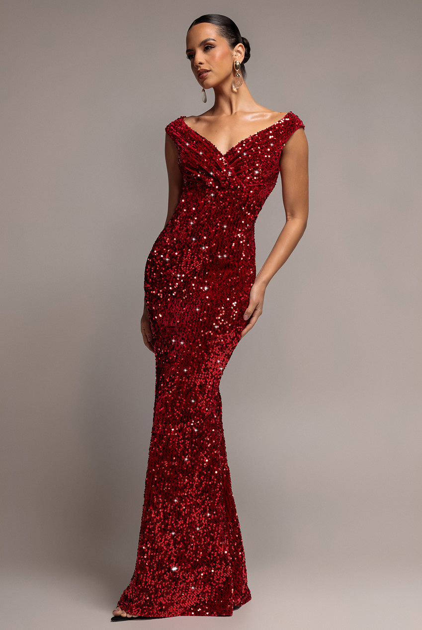 Sequin & Velvet Off The Shoulder Wrap Maxi Dress - Red DR5256