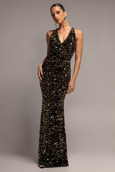 Sequin & Velvet V Neck Cross Back Maxi Dress - Gold by Goddiva