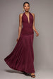 Halter Neck Empire Waist Gathered Maxi Dress - Burgundy by Goddiva
