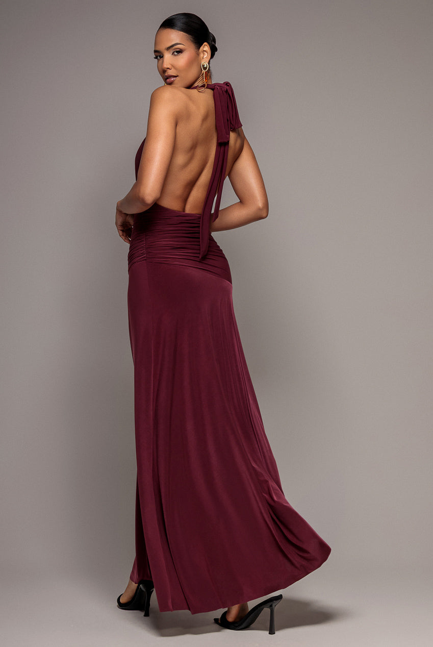 Halter Neck Empire Waist Gathered Maxi Dress - Burgundy DR5259