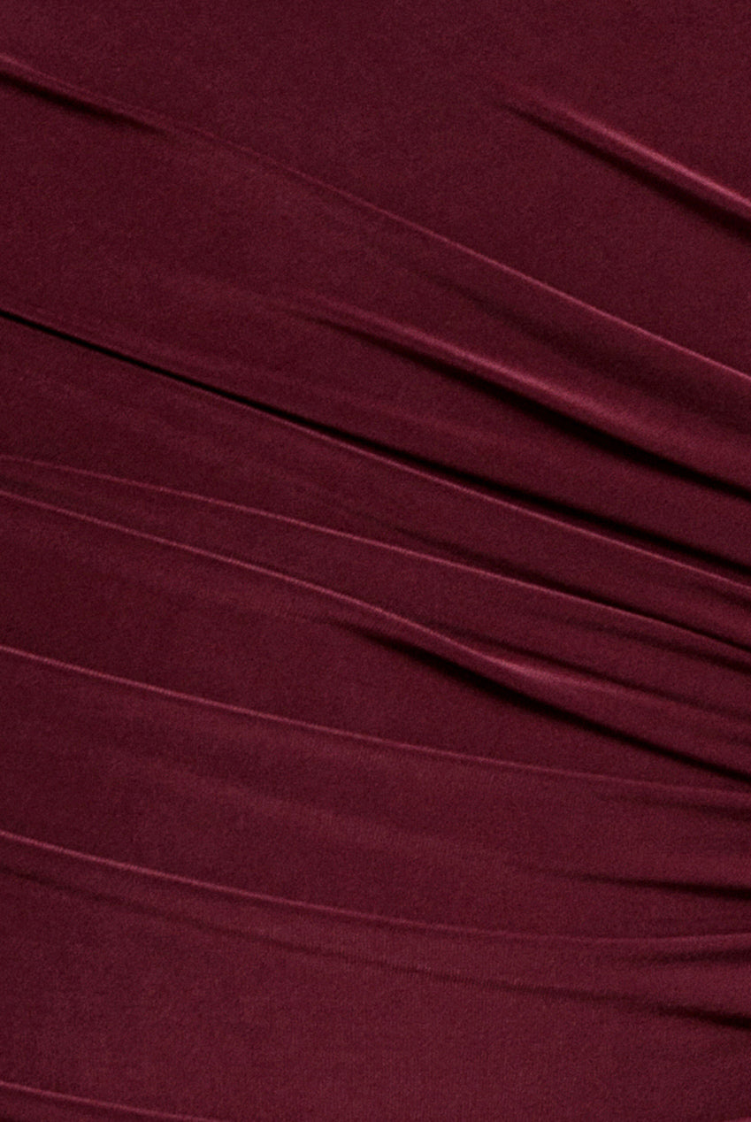 Halter Neck Empire Waist Gathered Maxi Dress - Burgundy DR5259