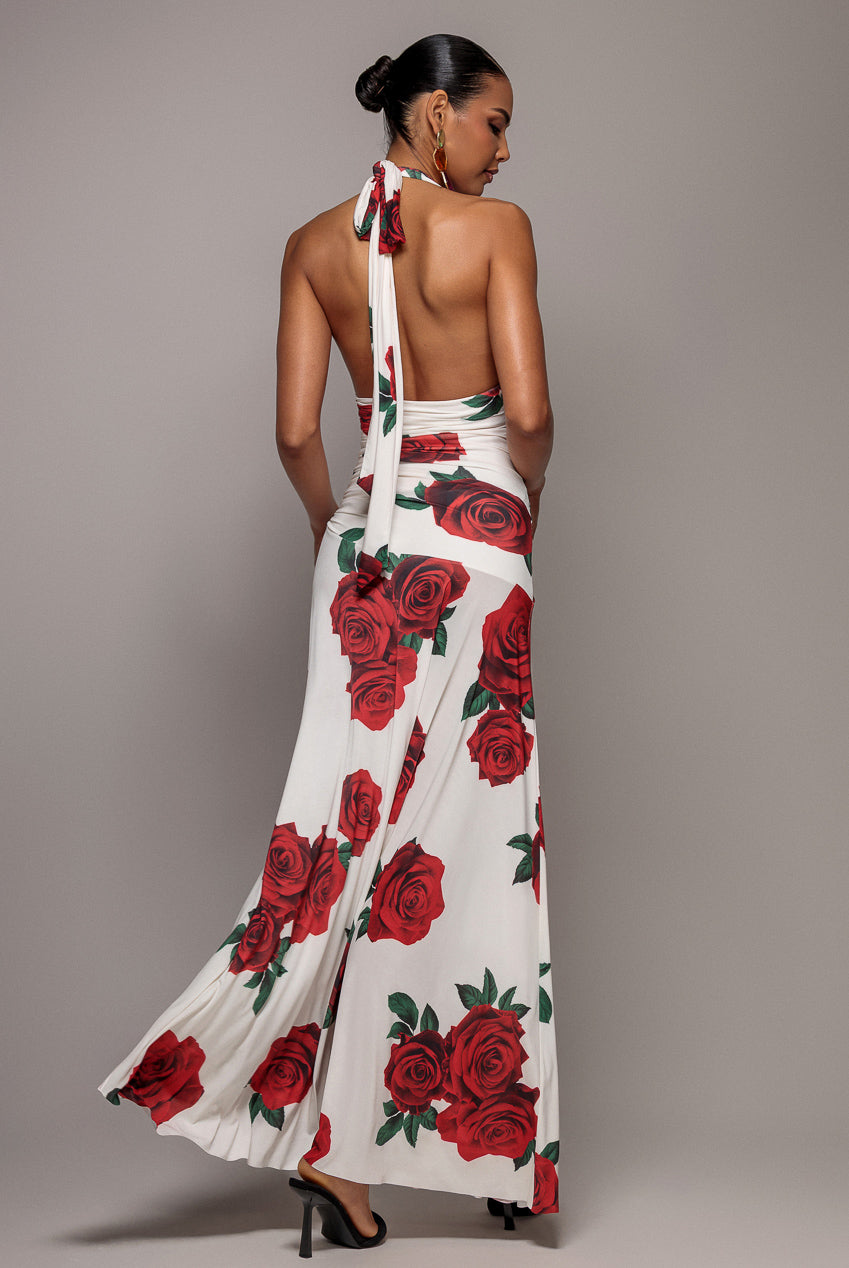 Floral Halter Neck Empire Waist Gathered Maxi Dress - Rose Print DR5259