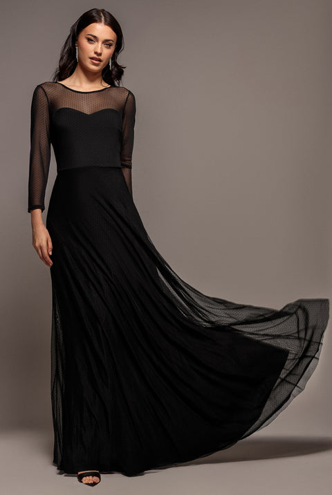 Sheer Sleeve Dobby Mesh Sweetheart A Line Maxi Dress - Black by Goddiva