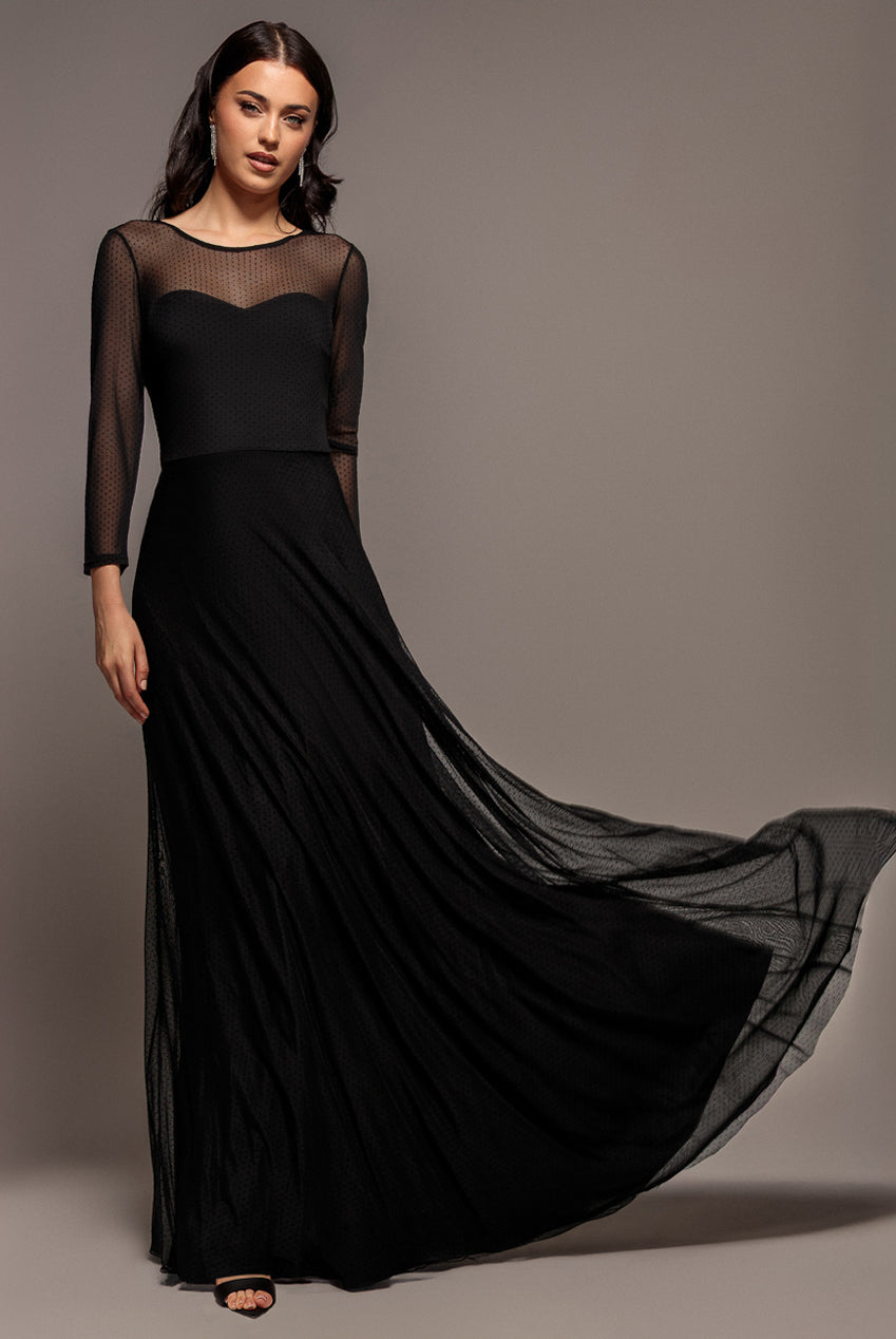 Sheer Sleeve Dobby Mesh Sweetheart A Line Maxi Dress - Black DR5270