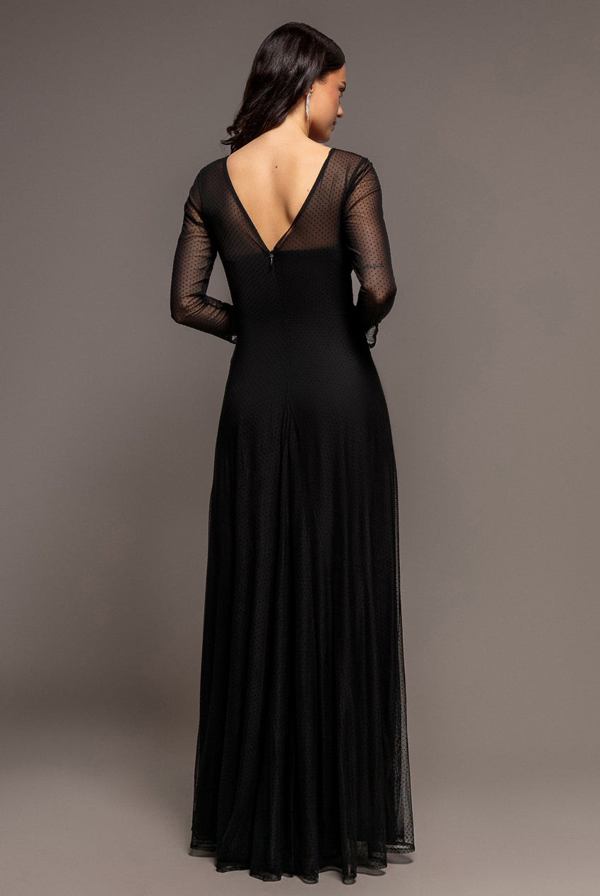 Sheer Sleeve Dobby Mesh Sweetheart A Line Maxi Dress - Black DR5270