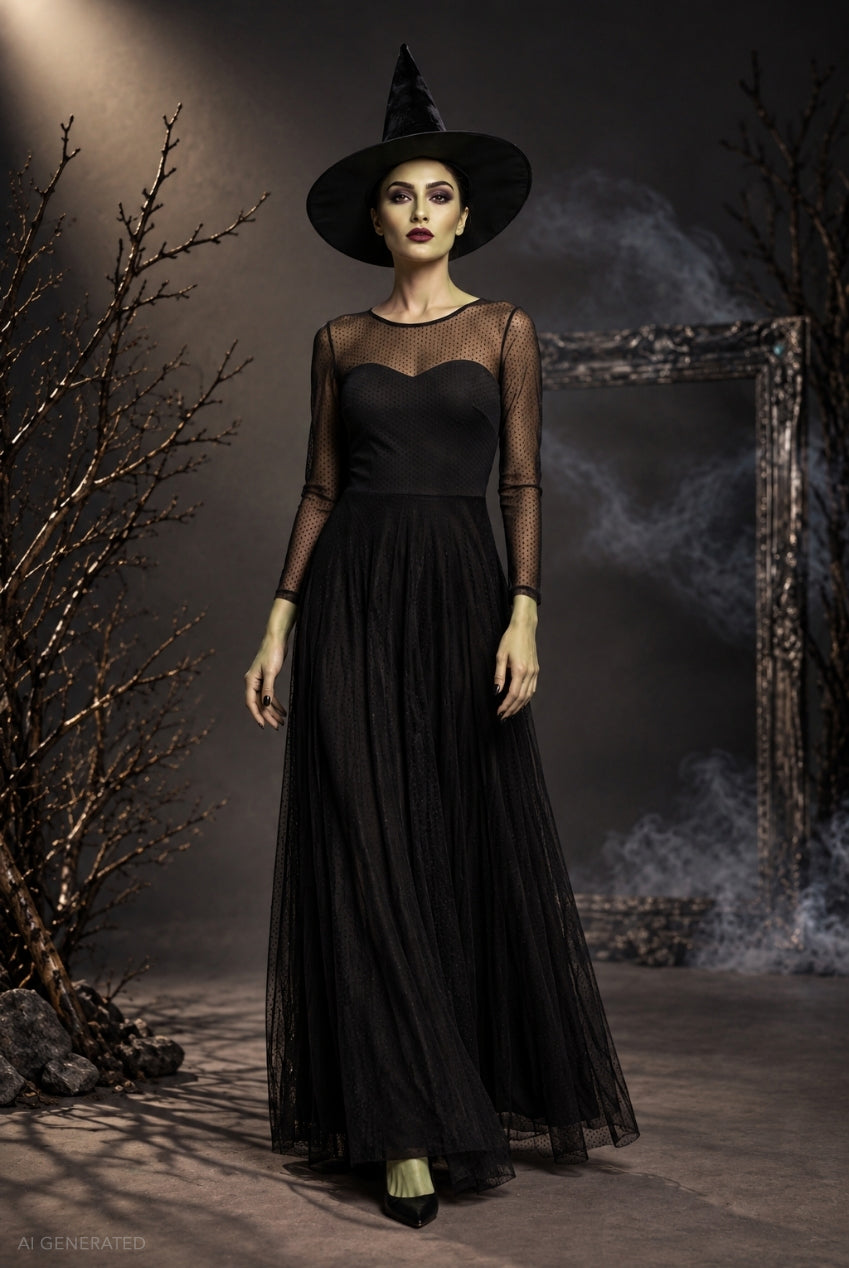 Long Sleeve Maxi Dress Elphaba-Inspired Halloween Costume - Black DR5270-HAL