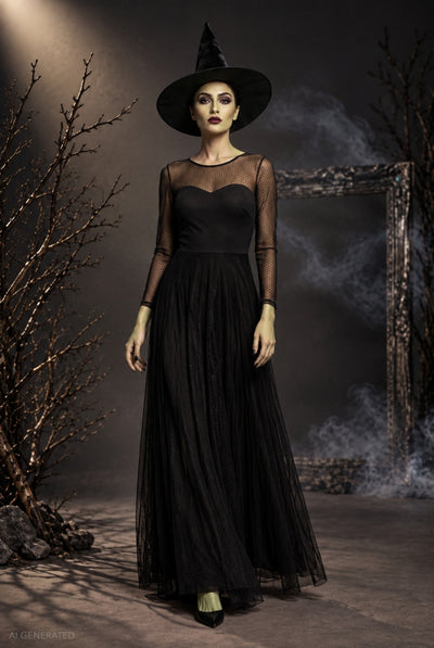 Black - Long Sleeve Maxi Dress Elphaba-Inspired Halloween Costume - Black by Goddiva