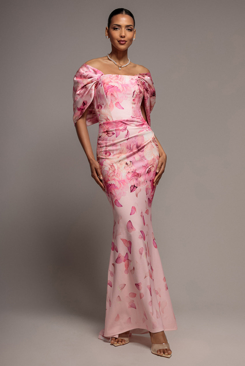 Printed Off Shoulder Satin Bow Back Maxi Dress - Blush Pink DR5282