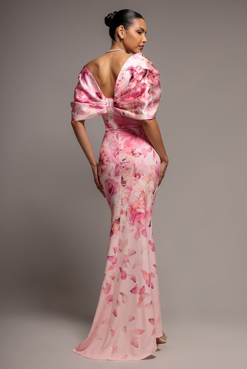Printed Off Shoulder Satin Bow Back Maxi Dress - Blush Pink DR5282