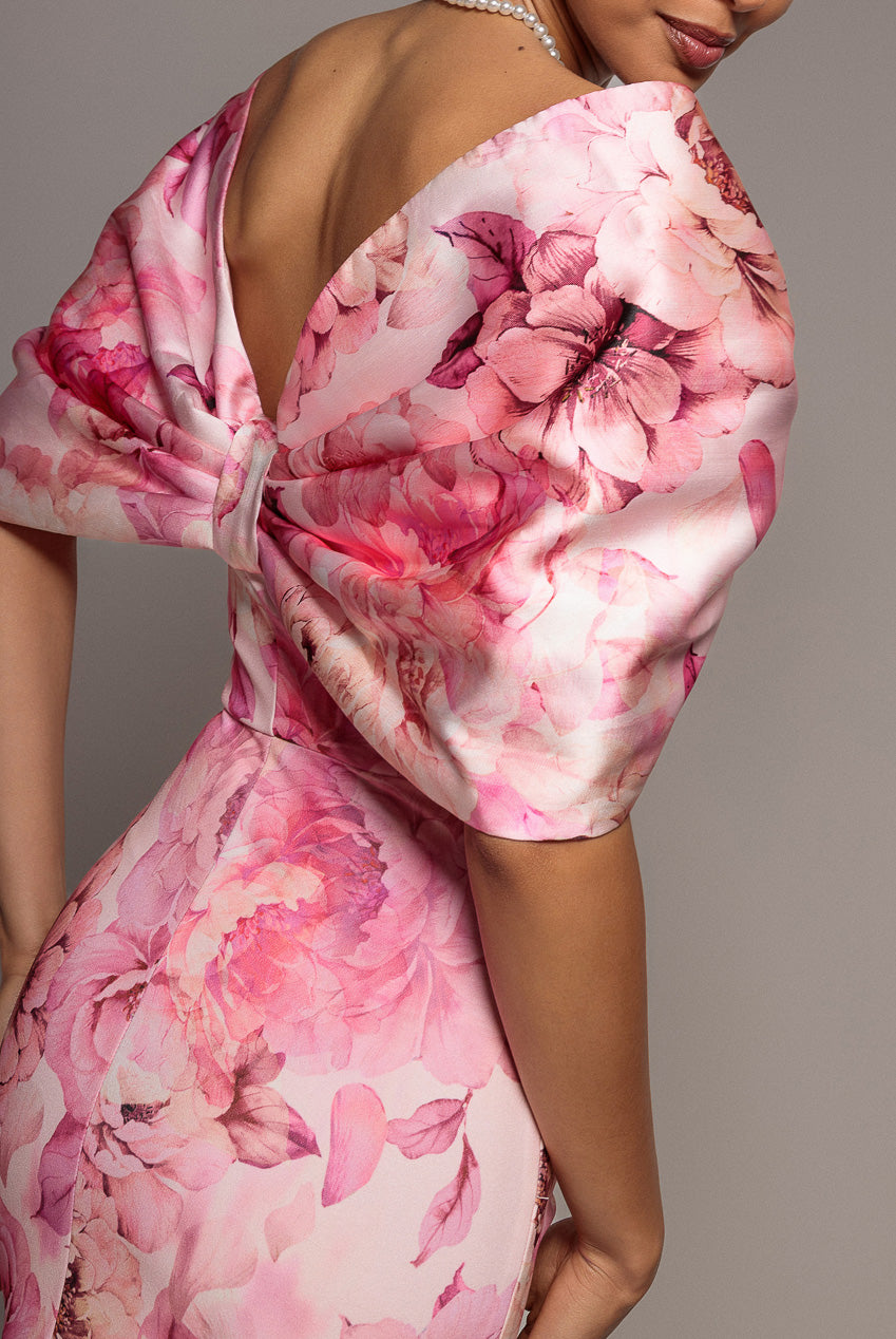 Printed Off Shoulder Satin Bow Back Maxi Dress - Blush Pink DR5282