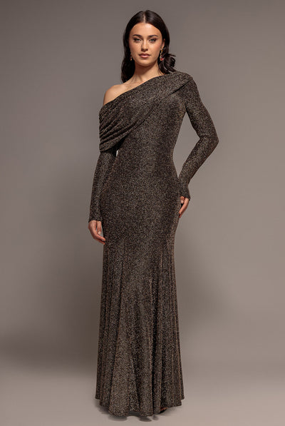 Gold - Off Shoulder Gathered Bardot Asymmetric Lurex  Maxi Dress - Gold by Goddiva
