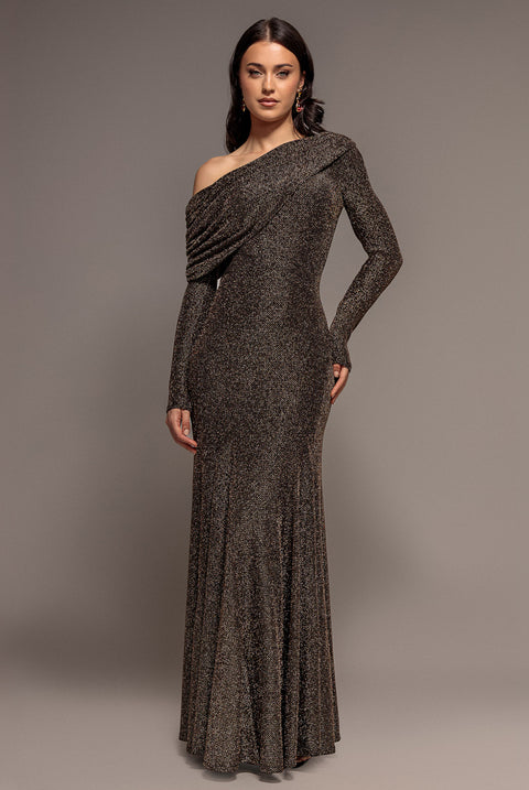 Off Shoulder Gathered Bardot Asymmetric Lurex  Maxi Dress - Gold by Goddiva