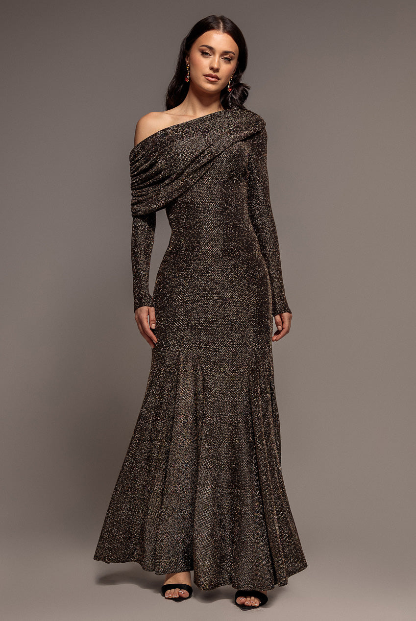 Off Shoulder Gathered Bardot Asymmetric Lurex  Maxi Dress - Gold DR5288