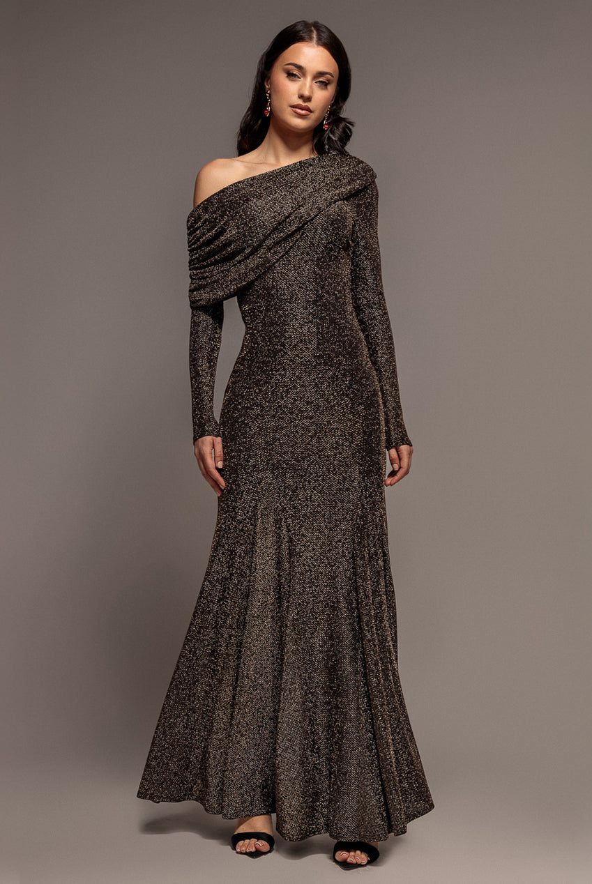 Off Shoulder Gathered Bardot Asymmetric Lurex  Maxi Dress - Gold DR5288