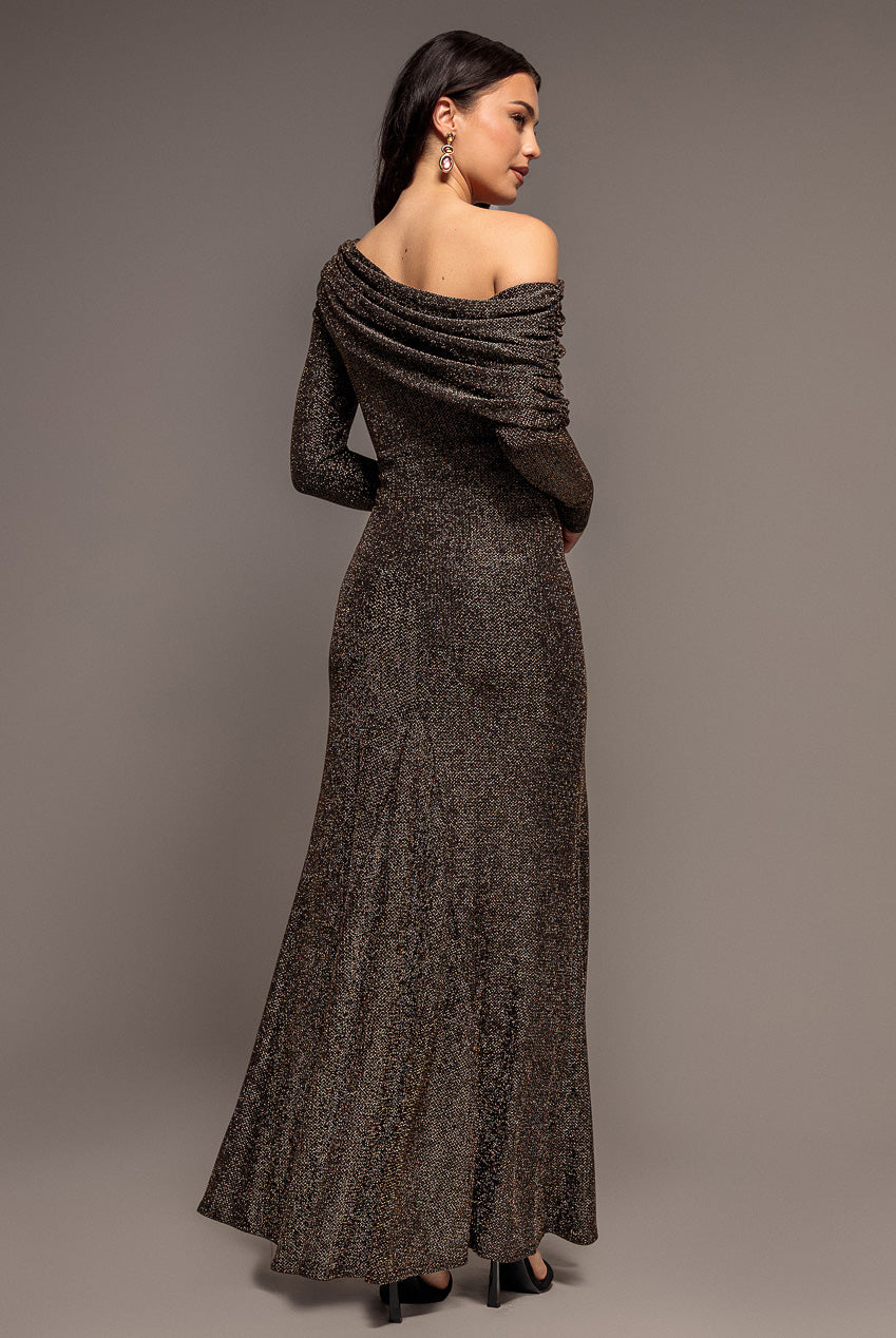 Off Shoulder Gathered Bardot Asymmetric Lurex  Maxi Dress - Gold DR5288