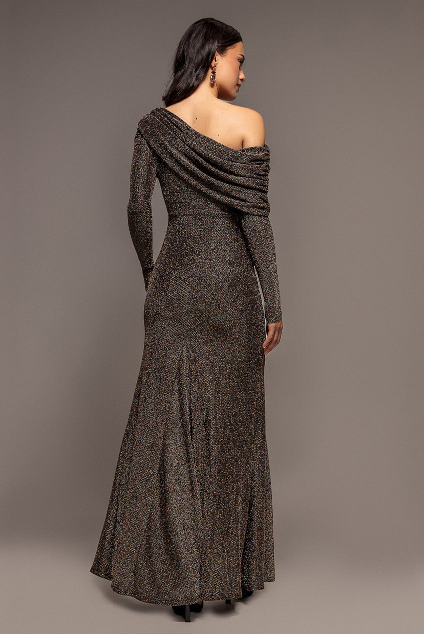 Off Shoulder Gathered Bardot Asymmetric Lurex  Maxi Dress - Gold DR5288