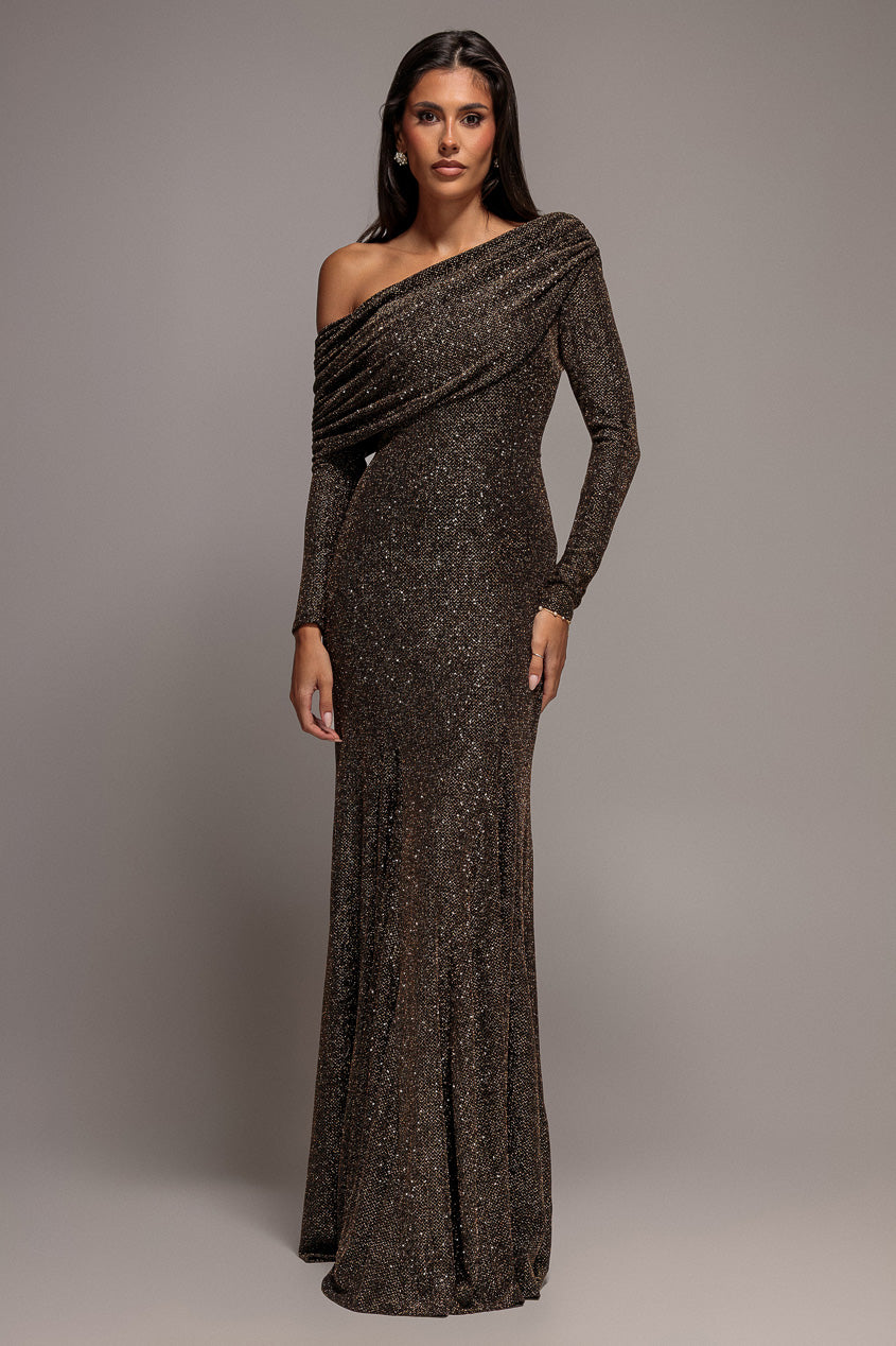 Off Shoulder Gathered Bardot Asymmetric Lurex  Maxi Dress - Gold DR5288