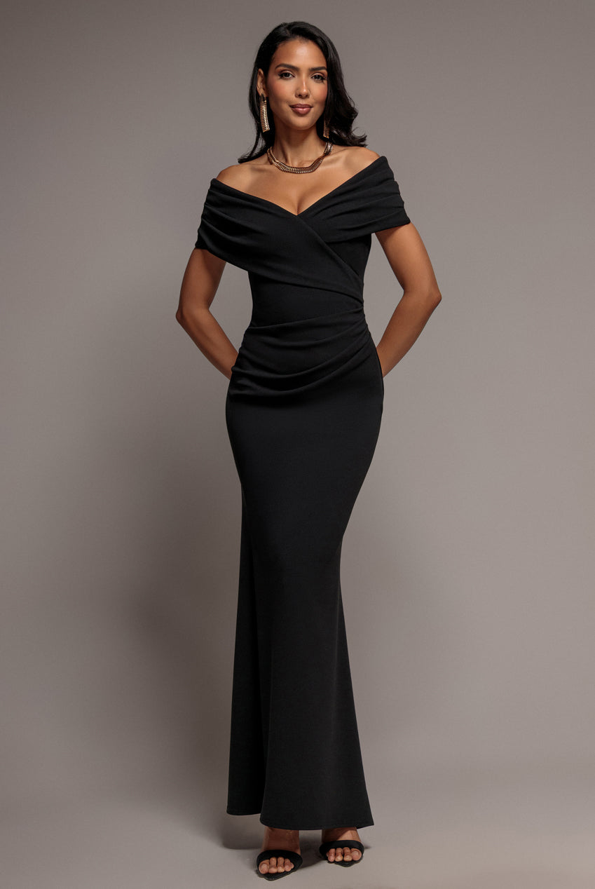 Pleated Bardot Wrap Mermaid Maxi Dress - Black DR5289