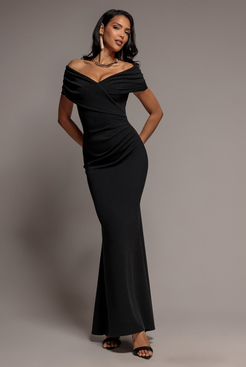 Pleated Bardot Wrap Mermaid Maxi Dress - Black DR5289