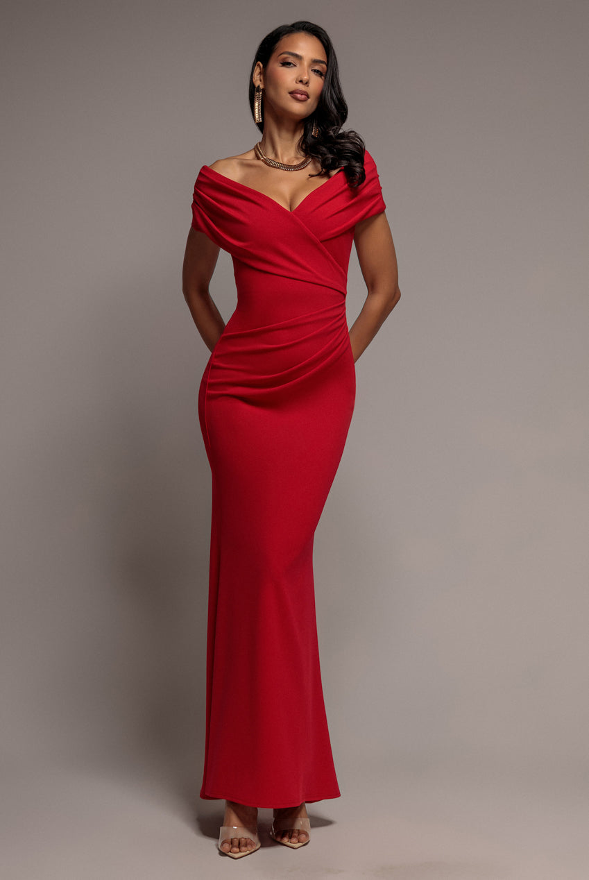 Pleated Bardot Wrap Mermaid Maxi Dress - Red DR5289