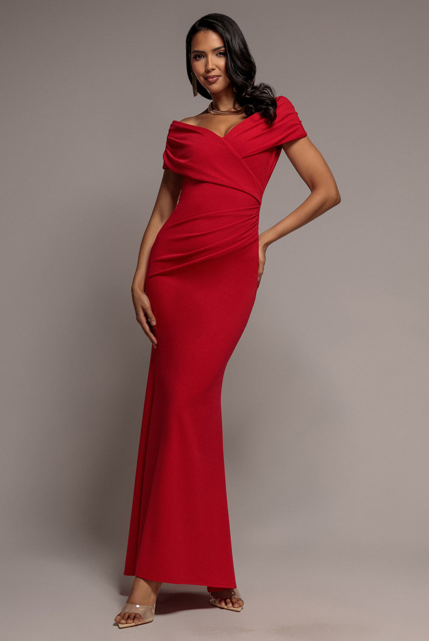 Pleated Bardot Wrap Mermaid Maxi Dress - Red DR5289