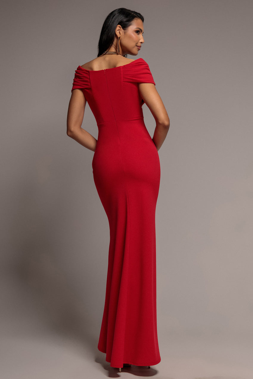 Pleated Bardot Wrap Mermaid Maxi Dress - Red DR5289