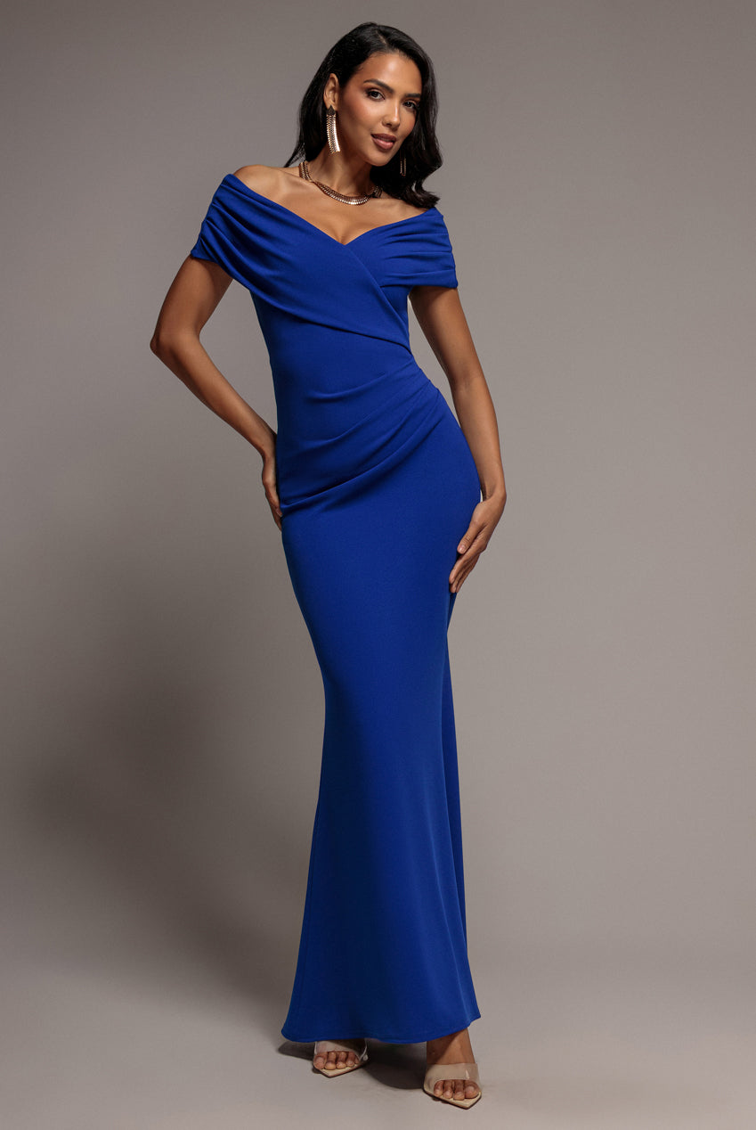 Pleated Bardot Wrap Mermaid Maxi Dress - Royal Blue DR5289