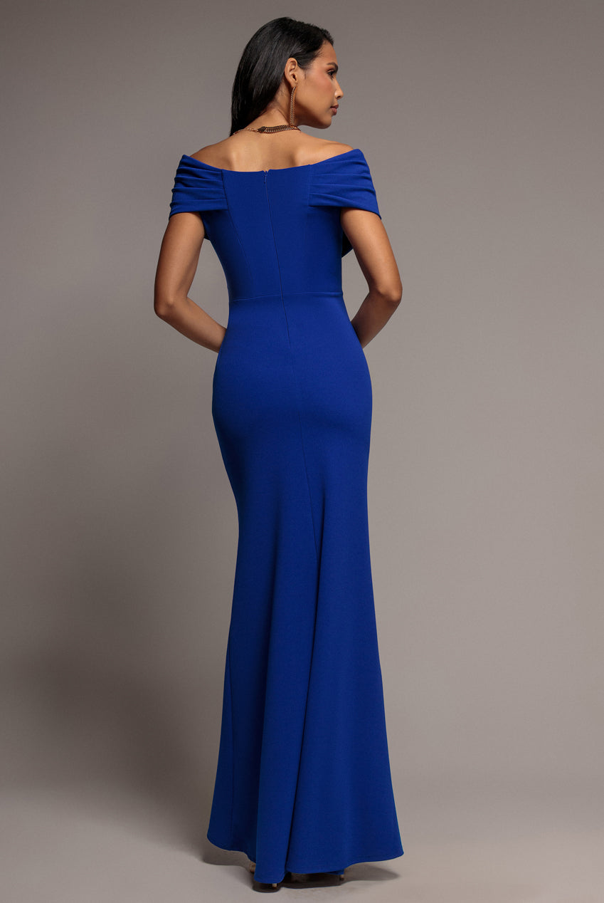 Pleated Bardot Wrap Mermaid Maxi Dress - Royal Blue DR5289
