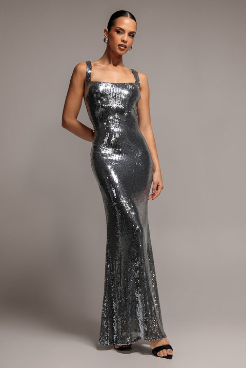 Sleeveless Square Neck Sequin Mermaid Maxi Dress - Silver by Goddiva