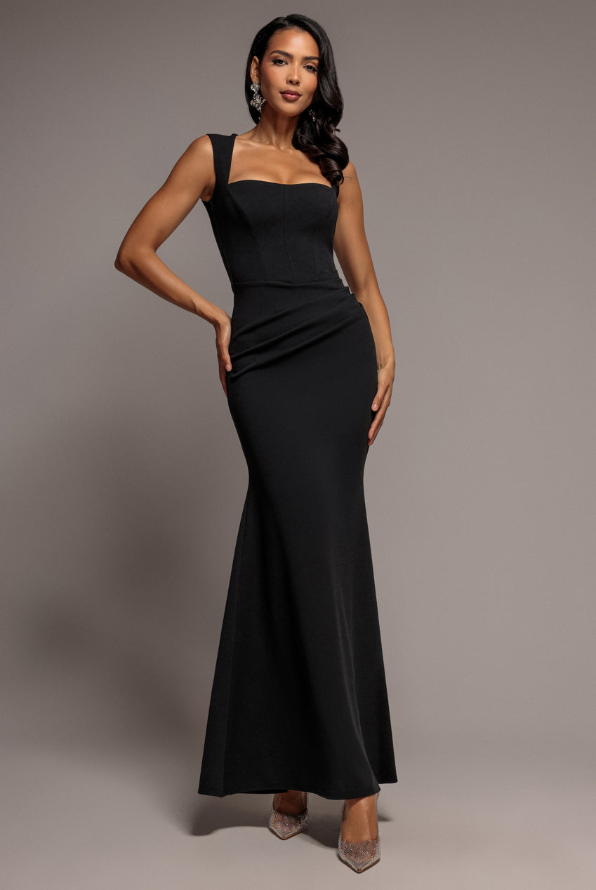 Sleeveless Waist Pleated Scuba Crepe Maxi Dress - Black DR5291