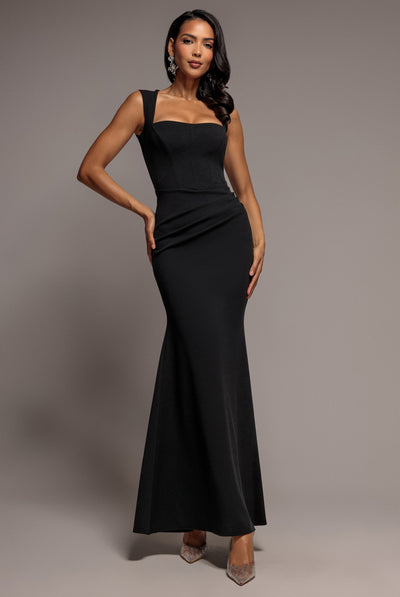 Black - Sleeveless Waist Pleated Scuba Crepe Maxi Dress - Black by Goddiva
