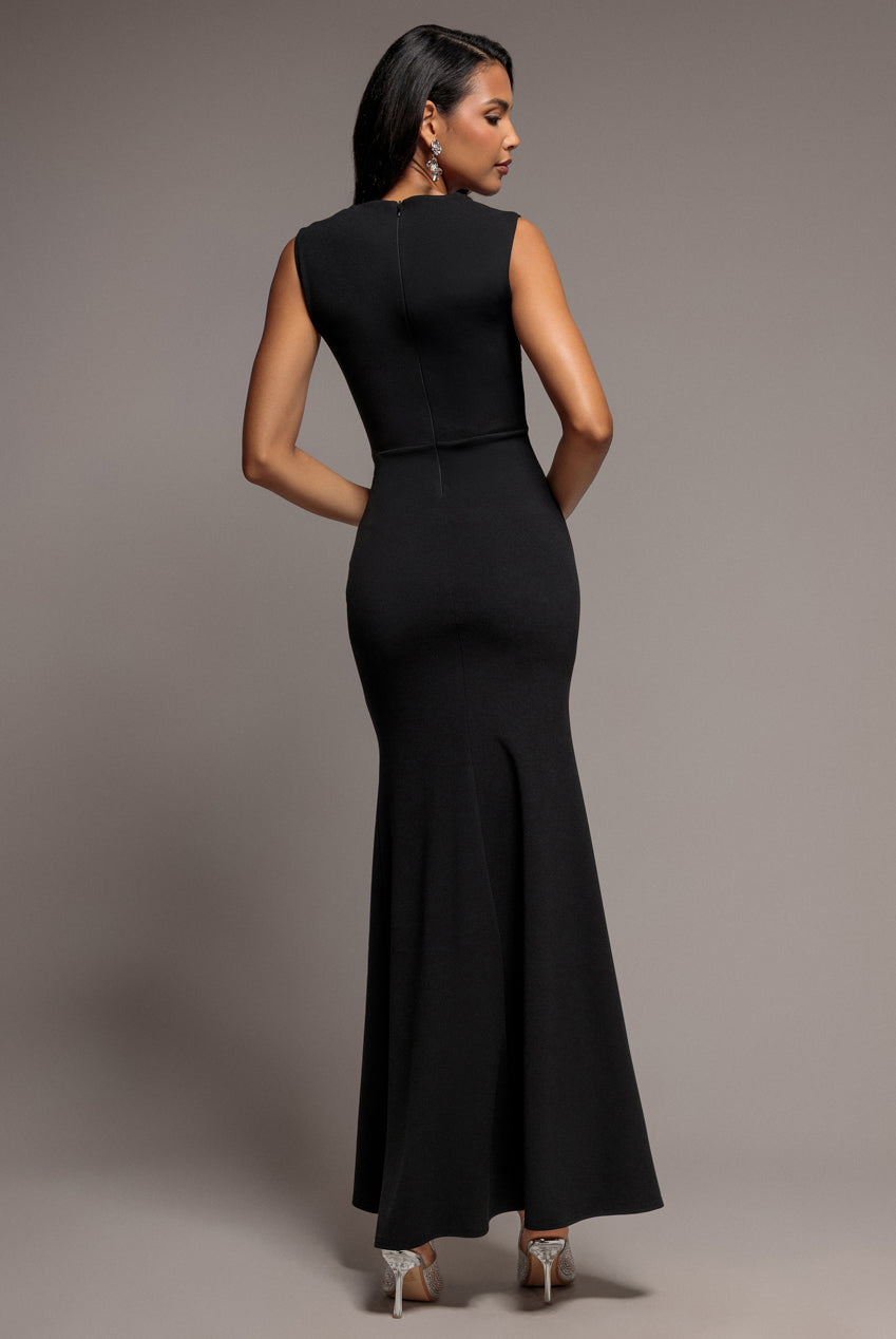 Sleeveless Waist Pleated Scuba Crepe Maxi Dress - Black DR5291