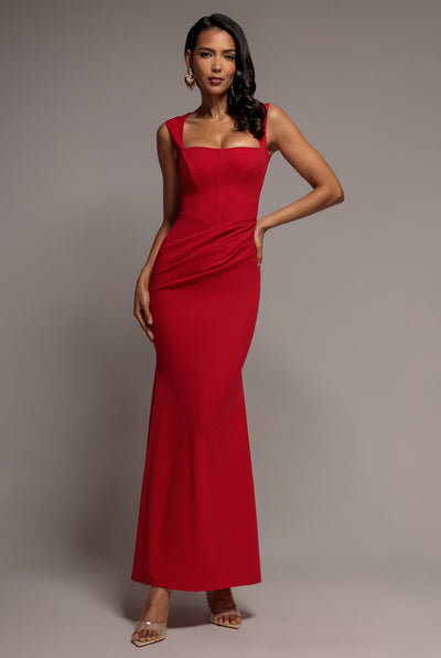 Red - Sleeveless Waist Pleated Scuba Crepe Maxi Dress - Red by Goddiva