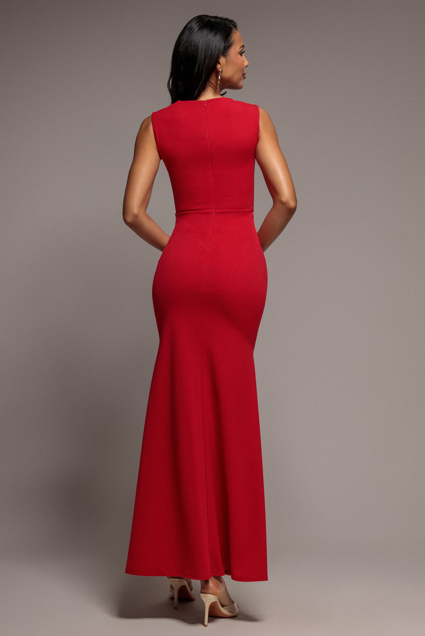 Sleeveless Waist Pleated Scuba Crepe Maxi Dress - Red DR5291