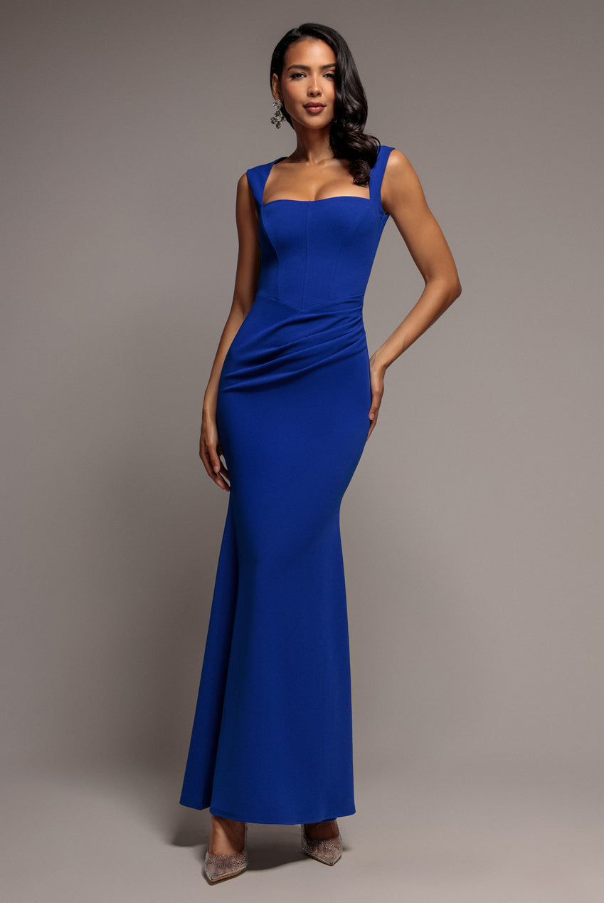Sleeveless Waist Pleated Scuba Crepe Maxi Dress - Royal Blue DR5291