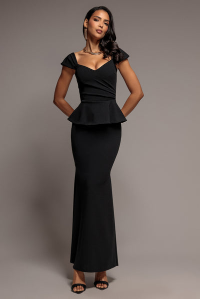 Black - Cap Sleeve Sweetheart Peplum Scuba Maxi Dress - Black by Goddiva