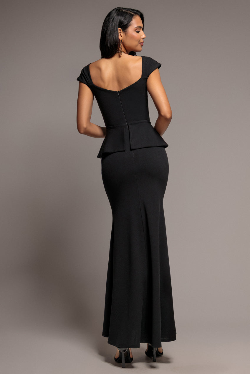 Cap Sleeve Sweetheart Peplum Scuba Maxi Dress - Black DR5302