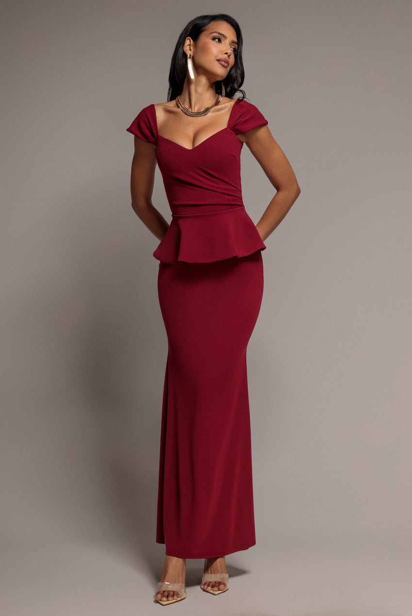 Cap Sleeve Sweetheart Peplum Scuba Maxi Dress - Burgundy DR5302