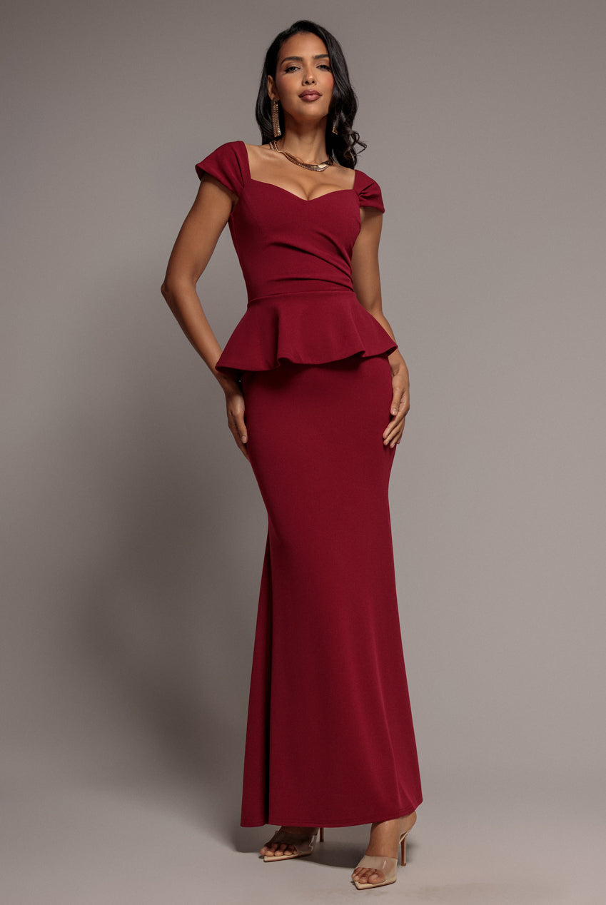 Cap Sleeve Sweetheart Peplum Scuba Maxi Dress - Burgundy DR5302