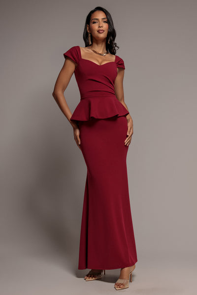 Burgundy - Cap Sleeve Sweetheart Peplum Scuba Maxi Dress - Burgundy by Goddiva