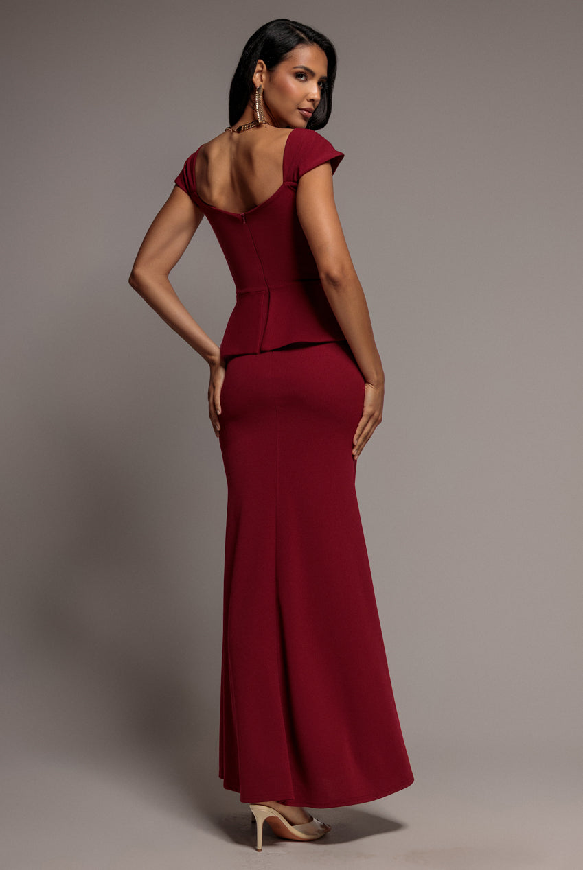 Cap Sleeve Sweetheart Peplum Scuba Maxi Dress - Burgundy DR5302