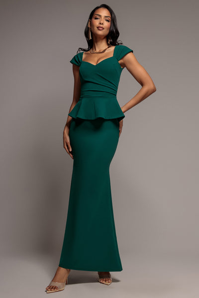 Emerald - Cap Sleeve Sweetheart Peplum Scuba Maxi Dress - Emerald Green by Goddiva