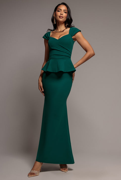 Cap Sleeve Sweetheart Peplum Scuba Maxi Dress - Emerald Green by Goddiva